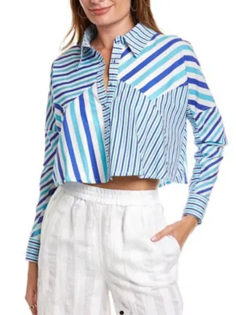 SOLID & STRIPED Emerson Blue Striped Poplin Cropped Button Down Shirt, Size S